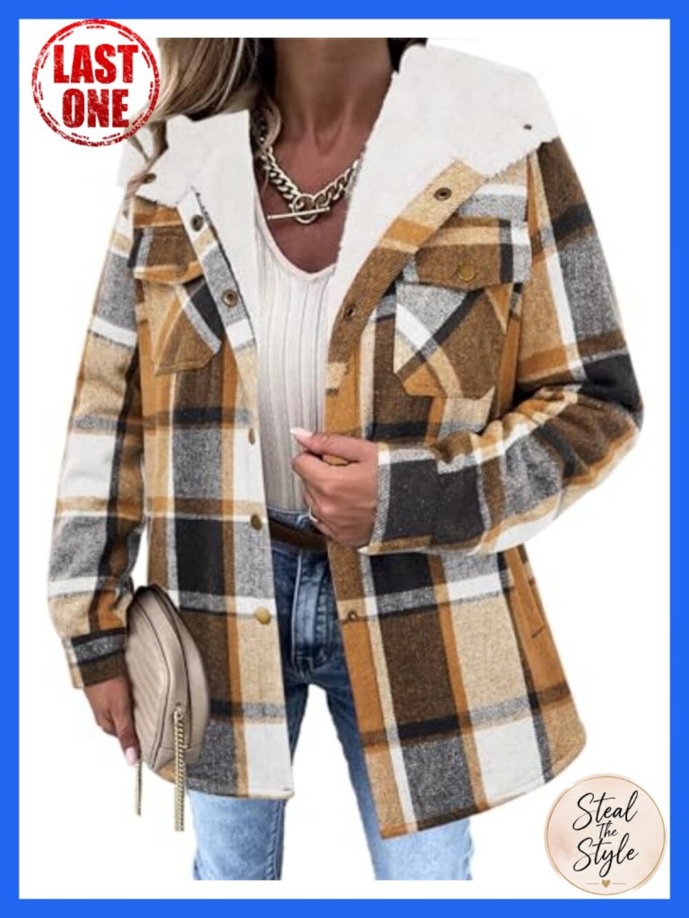 Fleece Lined Plaid Shacket Hooded Button Front Oversized Warm Coat